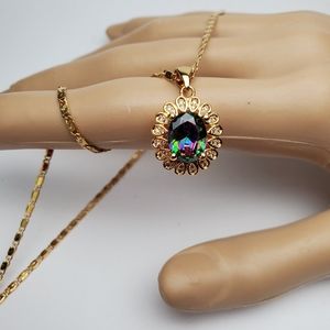 Gold plated green pendant necklace Valentines Day